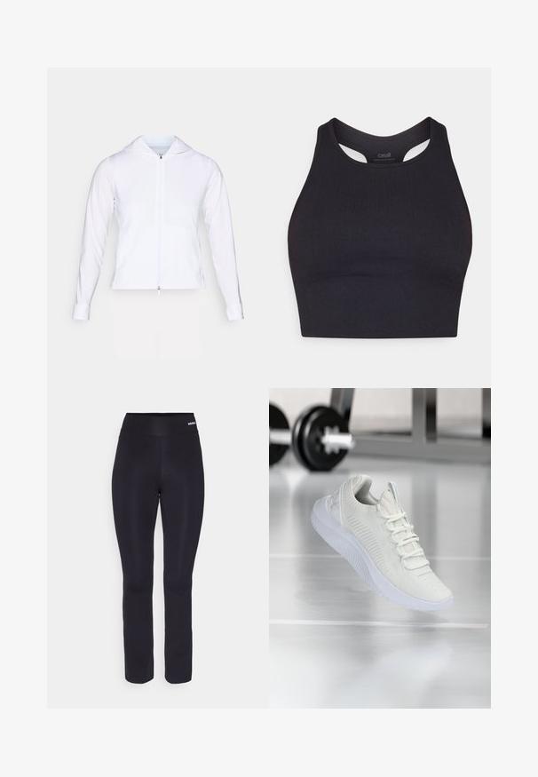 Valge, kerge pehmest materjalist tõmblukuga jakk, millel on kapuuts, pikad varrukad ja jõudnud disain. Valmistatud siledast, hingavast kangast, mis omab sujuvat viimistlust.; Mustetat sportlik crop top, mis on valmistatud ribatud materjalist, omades ilma varrukateta disaini ja ümmargust kaelust lõikedetailidega.; Mustad mustrennipesu, millel on sile tekstuur, lai elastne vöökoht ja istuv disain, mis kitseneb kergelt pahkluu suunas.; Valge sportlik tennis, millel on tekstureeritud võrkkangas ülemine osa ja nööbilukusüsteem, millel on pehme valge tall ning delikaatsed ribalised aksendid.