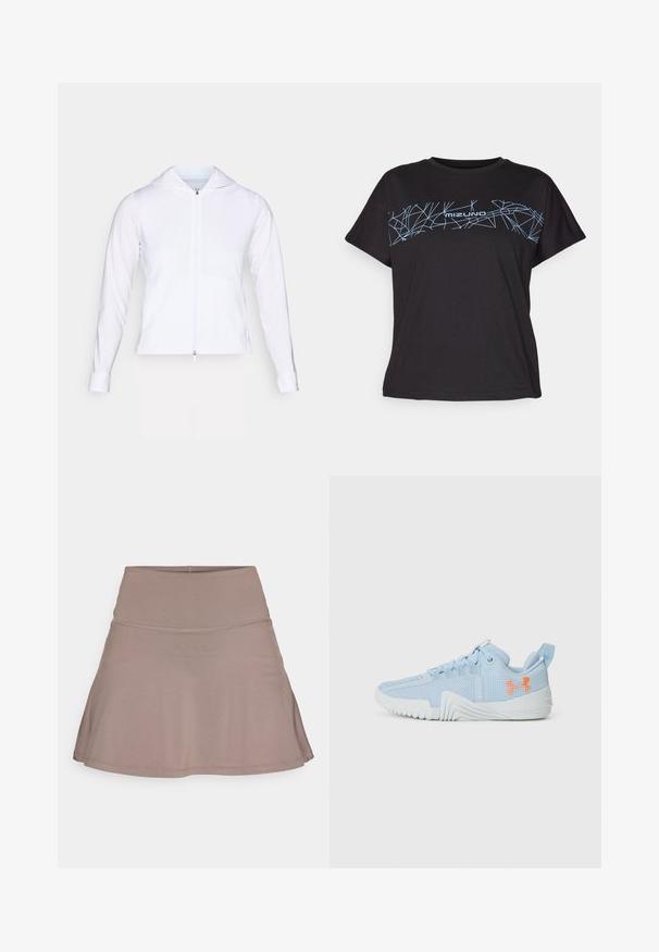 Veste blanche légère à fermeture éclair avec capuche, manches longues et coupe ajustée. Fabriquée en tissu lisse et respirant avec une finition élégante.; T-shirt noir à manches courtes en coton avec un motif géométrique bleu et le logo "mizuno" sur la poitrine. Design à coupe décontractée.; Une jupe évasée marron clair en tissu lisse et extensible, avec une large taille et des coutures soignées. Aucune texture ou matériel visible.; Chaussure de sport bleu clair en matériau respirant avec une semelle texturée, arborant un logo orange et un design à lacets.