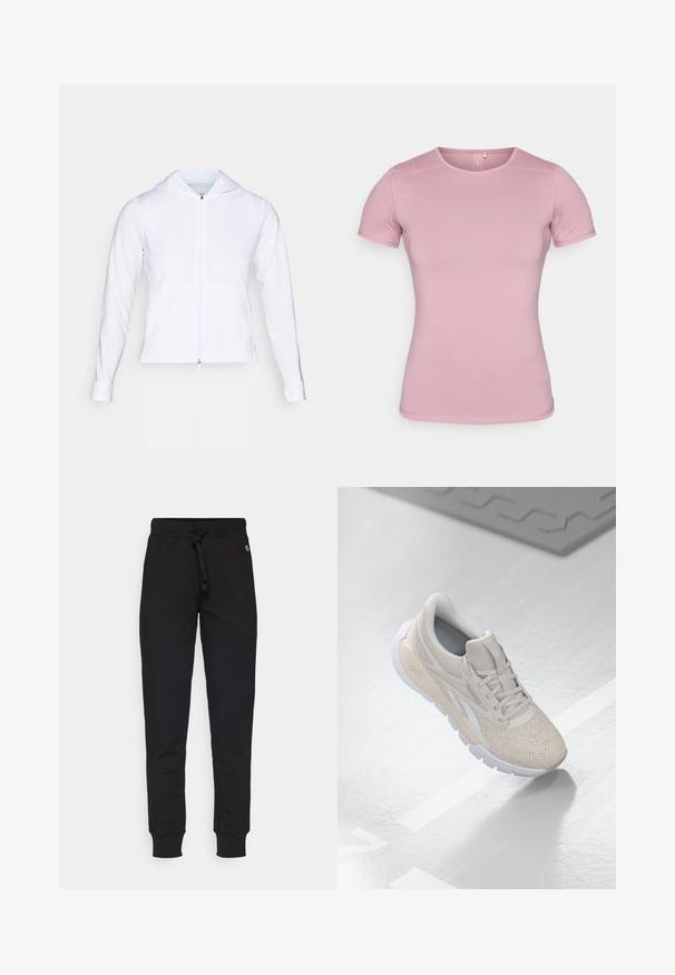 Biała, lekka kurtka zapinana na zamek błyskawiczny z kapturem, długimi rękawami i dopasowanym krojem. Wykonana z gładkiego, oddychającego materiału o eleganckim wykończeniu.; T-shirt z krótkim rękawem w delikatnym różowym kolorze, wykonany z teksturowanej tkaniny o dopasowanym kroju. Posiada okrągły dekolt i standardowy dół bez ozdób.; Czarne bawełniane dresy z taperedami, elastycznymi mankietami i regulowanym ściągaczem w pasie. Z przodu znajduje się małe logo.; Jasno beżowy but sportowy z perforowanym cholewką, teksturowanymi akcentami, wyściełanym kołnierzem i białą gumową podeszwą, zaprojektowany z myślą o komforcie i wentylacji.