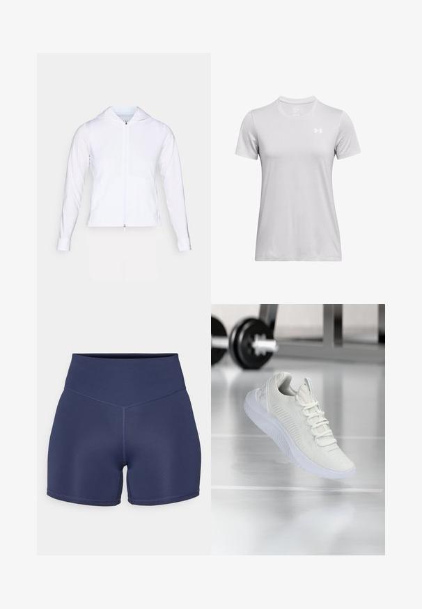 Bijela, lagana jakna sa zatvaračem, kapuljačom, dugim rukavima i prilagođenim dizajnom. Izrađena od glatkog, prozračnog materijala s elegantnim završetkom.; Treniranje majica kratkih rukava svijetlosive boje, s okruglim izrezom i malim bijelim logom na gornjem lijevom dijelu prsnog koša. Mekana tekstura.; Tamno plave sportske šortse od rastezljivog materijala s visokim strukom, s bezšavnim šavovima i prilagođenim dizajnom.; Bijela atletska teniska obuća s teksturiranim mrežastim gornjim dijelom i sustavom vezanja, koja ima podstavljeni bijeli potplat i suptilne rebraste naglaske.