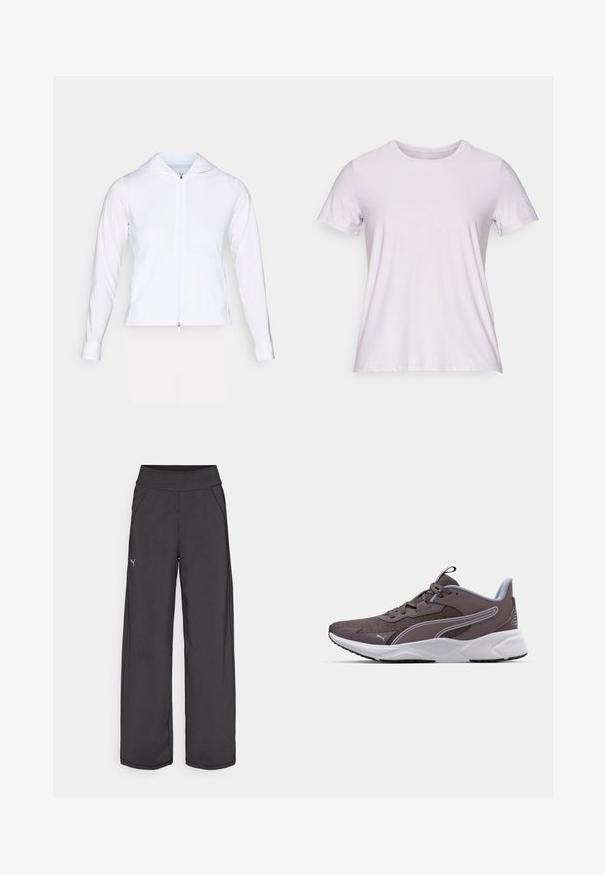 Hvid, letvægts zip-jakke med hætte, lange ærmer og tætsiddende design. Fremstillet af glat, åndbart stof med en strømlinet finish.; Kortærmet t-shirt med rund hals lavet af lys lilla stof med en glat tekstur og minimale sømme, velegnet til afslappet brug.; Sorte træningsbukser med en bred talje, sidelommer og flade sømme. Har et lille logo på venstre ben. Fremstillet af glat, strækbart stof.; Grå atletisk sko med mesh-overdel, hvid sål og kontrasterende detaljer. Har snøresystem og tekstureret overflade for bedre greb.