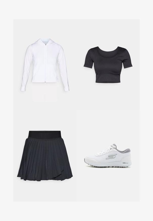 Hvit, lett zip-jakke med hette, lange ermer og figursydde detaljer. Laget av glatt, pustende stoff med en elegant overflate.; Svart ribbestrikket cropped topp med korte ermer, vid rund halslinning og en tettsittende kant nederst. Myk tekstur, uformell design.; Svart plisserte skjørt med bred elastisk midjebånd, laget av et glatt stoff med subtil glans, kne-lang med lagdelt design.; Hvite joggesko med et teksturert mesh-overdel, sølvfargede detaljer og en lett såle med små grep-studser, merket "ULTRA FLIGHT."