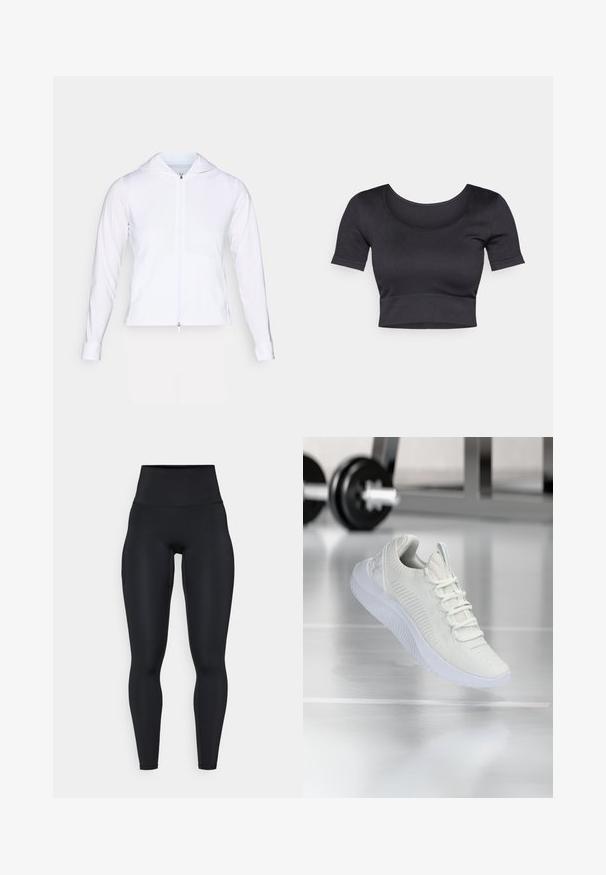 Witte, lichtgewicht ritsjack met capuchon, lange mouwen en een aangesloten ontwerp. Gemaakt van gladde, ademende stof met een elegante afwerking.; Zwarte geribde cropped top met korte mouwen, brede ronde halslijn en een aansluitende band aan de onderkant. Zachte textuur, casual ontwerp.; Zwarte high-waisted legging van rekbaar materiaal, met een gladde textuur, aansluitende pasvorm en zijzakdetail.; Witte sport sneaker met een gestructureerde mesh bovenkant en vetersysteem, voorzien van een gewatteerde witte zool en subtiele ribbelaccenten.