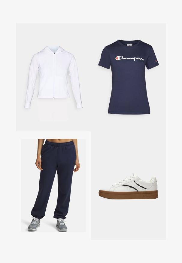 Bela, lahka jakna z zadrgo in kapuco, dolgimi rokavi in prilegajočim dizajnom. Narejena iz gladkega, zračnega materiala s sijajno površino.; Temno modra bombažna majica s kratkimi rokavi, z belim logotipom "Champion". Redna prileganje s krožnim ovratnikom in mehko teksturo.; Temno modri trenirki z elastičnim pasom, manšetami na gležnjih in diskretnim logotipom na strani, izdelani iz mehkih, zračnih materialov.; Bele tenisice z gladkim usnjem, črnimi detajli, okroglim nosom in rjavim gumijastim podplatom. Imajo perforirane stranske detajle in logotip.