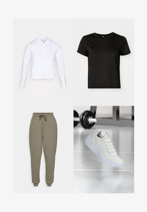 Valge, kerge pehmest materjalist tõmblukuga jakk, millel on kapuuts, pikad varrukad ja jõudnud disain. Valmistatud siledast, hingavast kangast, mis omab sujuvat viimistlust.; Must muströöpidega lühikeste varrukatega t-särk, mis on valmistatud siledast kangast, ringkraega ja vabalt lõigatud. Sisaldab minimaalseid disainielemente.; ONLY Play ONPLOUNGE LIFE - Dresside alumine osa - kalamata; Valge sportlik tennis, millel on tekstureeritud võrkkangas ülemine osa ja nööbilukusüsteem, millel on pehme valge tall ning delikaatsed ribalised aksendid.