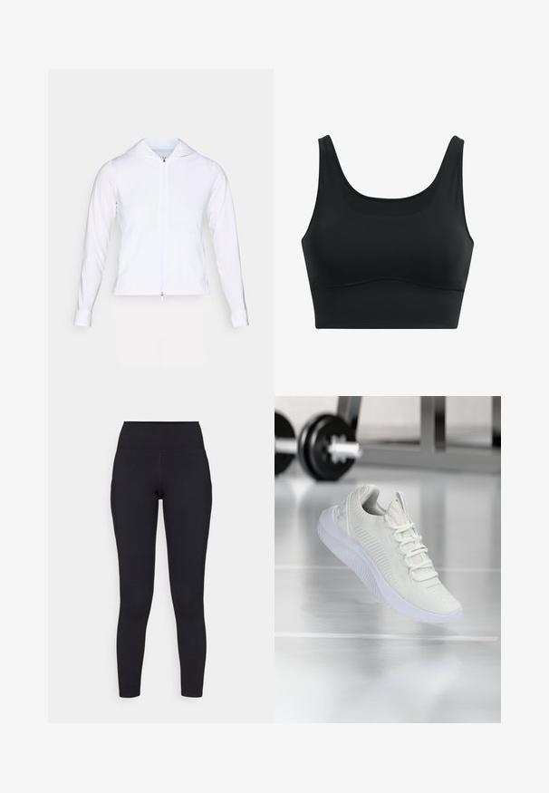Witte, lichtgewicht ritsjack met capuchon, lange mouwen en een aangesloten ontwerp. Gemaakt van gladde, ademende stof met een elegante afwerking.; Zwarte sportbh van gladde stof, met een ronde hals, brede bandjes en een naadloos ontwerp met een gebogen zoom.; Zwarte high-waisted legging gemaakt van rekbaar materiaal, met een gladde textuur en een aansluitend ontwerp dat tot aan de enkels reikt.; Witte sport sneaker met een gestructureerde mesh bovenkant en vetersysteem, voorzien van een gewatteerde witte zool en subtiele ribbelaccenten.