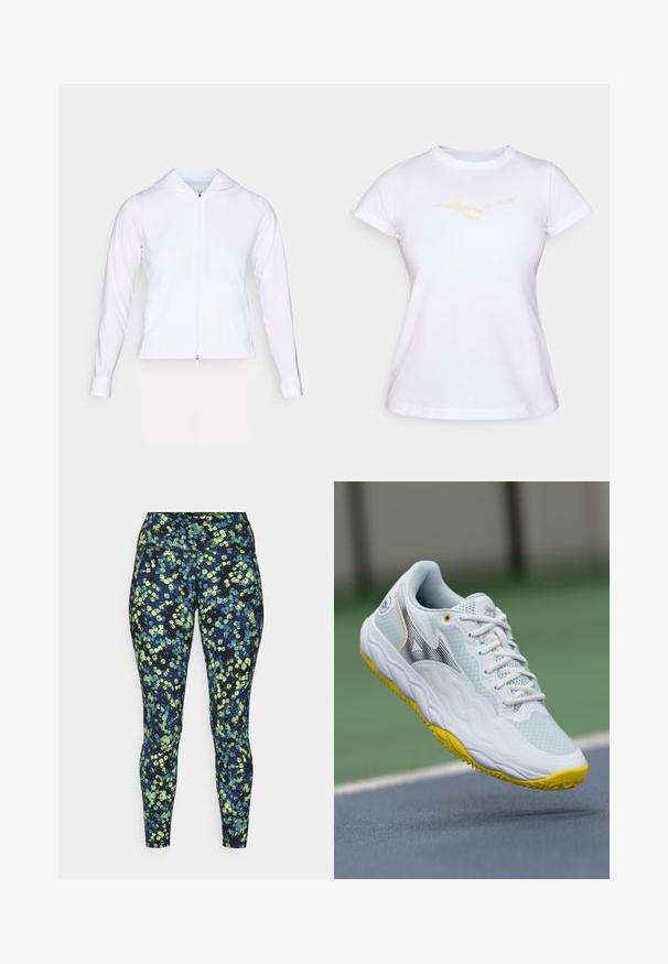 Balta, lengva užtrauktuko striukė su gobtuvu, ilgomis rankovėmis ir prigludusiu dizainu. Pagaminta iš lygaus, kvėpuojančio audinio su glotnia apdaila.; Balta medvilninė marškinėliai trumpomis rankovėmis ir apvaliu iškirpimu; su subtiliu šviesiai spalvotu logotipu, atspauduotu ant krūtinės.; Tinkamos prigludimo formos leggingai tamsiai mėlynos spalvos su žalių ir mėlynų abstrakčių taškų raštu. Yra platus liemuo ir patvari medžiaga.; Balti sportiniai bateliai su tekstūruotu tinklinio viršumi, geltonais akcentais ant pado ir tobulai pritaikytu dizainu, kuriame matomas juodas logotipo detalė.