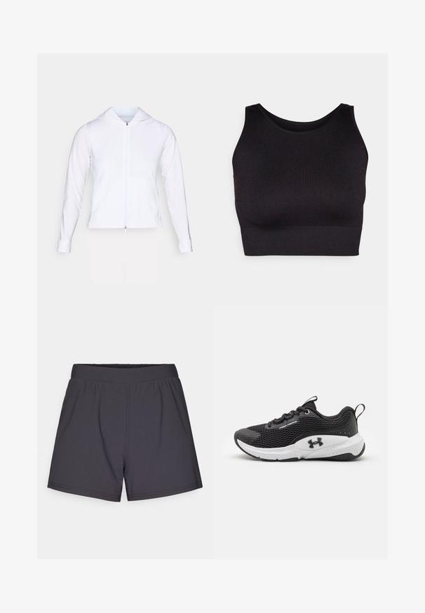 White, lightweight zip-up jacket with a hood, long sleeves, and fitted design. Made from smooth, breathable fabric with a sleek finish.; Black ribbed crop top with a high neckline and wide armholes, featuring a soft, stretchy fabric for comfort and a seamless design.; Black athletic shorts made of lightweight, stretchy fabric. Features an elastic waistband and a simple, unembellished design.; Black athletic shoe with a breathable mesh upper, white accents, and a textured rubber sole featuring a logo on the side.