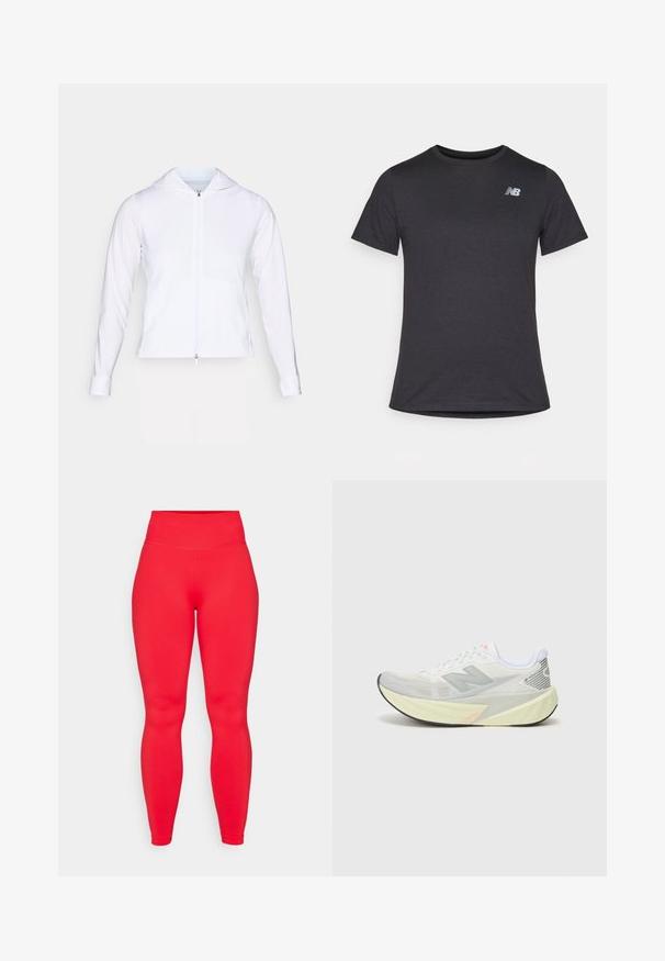 Veste blanche légère à fermeture éclair avec capuche, manches longues et coupe ajustée. Fabriquée en tissu lisse et respirant avec une finition élégante.; T-shirt noir à manches courtes en tissu doux, avec un petit logo gris New Balance sur le côté gauche de la poitrine, design classique à col rond.; Leggings rouges taille haute en tissu extensible, avec une texture lisse et un design ajusté qui s'affine aux chevilles.; Chaussure de course légère avec une tige en maille grise et blanche, un logo 'N' bien en évidence et une semelle intermédiaire jaune avec des accents angulaires. Semelle extérieure noire.