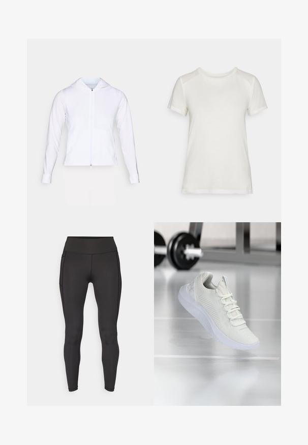 Hvit, lett zip-jakke med hette, lange ermer og figursydde detaljer. Laget av glatt, pustende stoff med en elegant overflate.; Hvit t-skjorte med kort erm laget av mykt stoff, med rund hals og en avslappet passform med glatte, sømløse skulderdetaljer.; ONLY Play ONPJAM-2-FONT - Tights - black; Hvit atletisk sneaker med et teksturert mesh-overdel og snøring, med en polstret hvit såle og subtile ribbede detaljer.