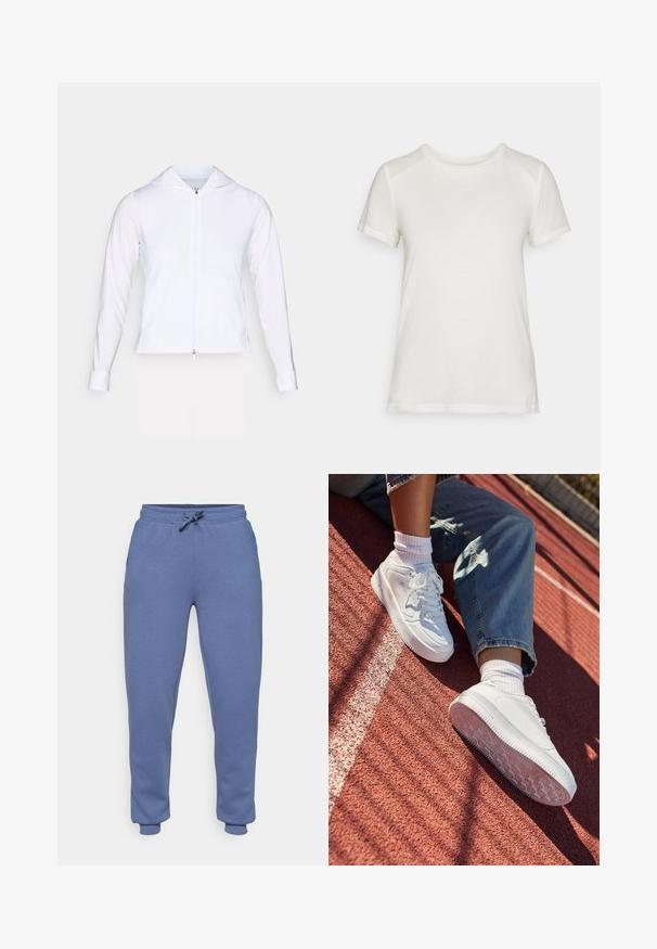 Hvit, lett zip-jakke med hette, lange ermer og figursydde detaljer. Laget av glatt, pustende stoff med en elegant overflate.; Hvit t-skjorte med kort erm laget av mykt stoff, med rund hals og en avslappet passform med glatte, sømløse skulderdetaljer.; ONLY Play ONPLOUNGE LIFE REG NOOS - Joggebukse - vintage indigo; HVITE lær sneakers med perforert tå, flate lisser og gummiseks. Båret med hvite sokker og lyseblå jeans, på en rød løpebane.