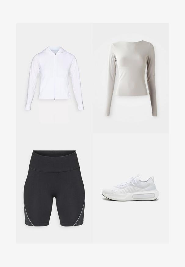 Biała, lekka kurtka zapinana na zamek błyskawiczny z kapturem, długimi rękawami i dopasowanym krojem. Wykonana z gładkiego, oddychającego materiału o eleganckim wykończeniu.; Jasnoszara bluzka z długim rękawem, wykonana z gładkiego, gładkiego materiału, z okrągłym dekoltem i dopasowanym krojem. Rękawy są lekko rozszerzane na dole.; Czarne szorty sportowe z wysokim stanem, wykonane z elastycznego materiału. Posiadają elegancki design oraz subtelne szare paski po bokach.; Białe sportowe buty z teksturowanym, dzianinowym wierzchem, sznurowanym zapięciem, wyściełaną podeszwą i charakterystycznym detalem brandingowym po boku.