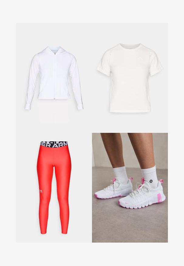 Biała, lekka kurtka zapinana na zamek błyskawiczny z kapturem, długimi rękawami i dopasowanym krojem. Wykonana z gładkiego, oddychającego materiału o eleganckim wykończeniu.; Lekka biała koszulka z krótkim rękawem, okrągłym dekoltem i małym logo w lewym górnym rogu. Gładki materiał o subtelnej połysku.; Czerwone legginsy wykonane z gładkiego, elastycznego materiału z czarnym pasem w taliach, na którym znajduje się napis "UNDER ARMOUR" w białym kolorze. Małe logo na dolnej części nogawki.; Białe sportowe buty z różowymi akcentami, aerodynamiczny design, teksturowana siateczka górna oraz elastyczna gumowa podeszwa. Zawierają logo oraz uchwyt do zakupu.