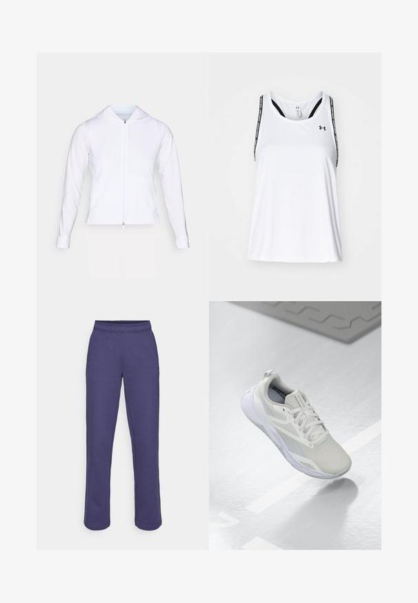 Weiße, leichte Zip-Jacke mit Kapuze, langen Ärmeln und tailliertem Design. Hergestellt aus glattem, atmungsaktivem Stoff mit einem eleganten Finish.; Weißes sportliches Tanktop mit dünnen schwarzen Trägern, das mit einem Logo und Text bedruckt ist, aus leichtem, atmungsaktivem Stoff gefertigt; lockerer Schnitt.; Lila Sweatpants mit elastischem Bund, geraden Beinen und einem weichen Baumwoll-Mix-Stoff. Keine sichtbaren Muster oder Hardware-Details.; Weißer Sportschuh mit einem Mesh-Obermaterial, gepolsterter Zunge und einer weißen Gummisohle. Bemerkenswerte Akzente sind hellgraue Details und eine Zuglasche.