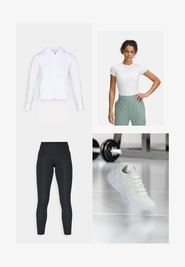 Valkoinen, kevyt, vetoketjullinen takki hupulla, pitkät hihat ja tiukka muotoilu. Valmistettu sileästä, hengittävästä kankaasta, jossa on tyylikäs viimeistely.; Valkoinen muotoiltu t-paita lyhyillä hihoilla, yhdistettynä vaaleanvihreisiin joustaviin vyötäröhousuihin. Sileä pinta, minimalistinen muotoilu ja ei näkyviä kuvioita.; Mustat legginsit, jotka on valmistettu venyvästä kankaasta. Niissä on korkea vyötärö, sileä pinta ja vartalonmyötäinen istuvuus. Ei näkyviä kuvioita tai metalliosia.; Valkoiset urheilukengät, joissa on teksturoitu verkkopintainen yläosa ja nauhoitusjärjestelmä. Kenkäpareissa on pehmustettu valkoinen pohja ja hienovaraiset uritetut yksityiskohdat.