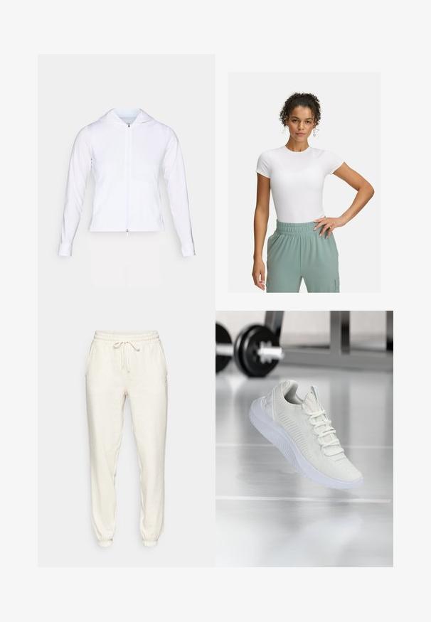 White, lightweight zip-up jacket with a hood, long sleeves, and fitted design. Made from smooth, breathable fabric with a sleek finish.; White fitted t-shirt with short sleeves, paired with light green elastic waistband pants. Smooth texture, minimalist design, and no visible patterns.; Light beige sweatpants made of soft fabric, featuring an elastic waistband with drawstring, side pockets, and cuffed ankles.; White athletic sneaker with a textured mesh upper and lacing system, featuring a cushioned white sole and subtle ribbed accents.