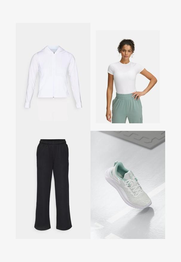 Vit, lättvikts zip-up jacka med huva, långa ärmar och åtsittande design. Tillverkad av ett slätt, andningsbart tyg med en elegant finish.; Vit åtsittande t-shirt med korta ärmar, kombinerad med byxor i ljusgrön med resårmidja. Slät textur, minimalistisk design och inga synliga mönster.; Svarta mjukisbyxor med utsvängd form, elastisk midja och sidofickor. Tillverkade av mjukt tyg utan synliga mönster eller accenter.; Ljust grå sportskor med en texturerad stickad ovandel, mintgröna detaljer, vita snören, gummisula och en dragflik på hälen.