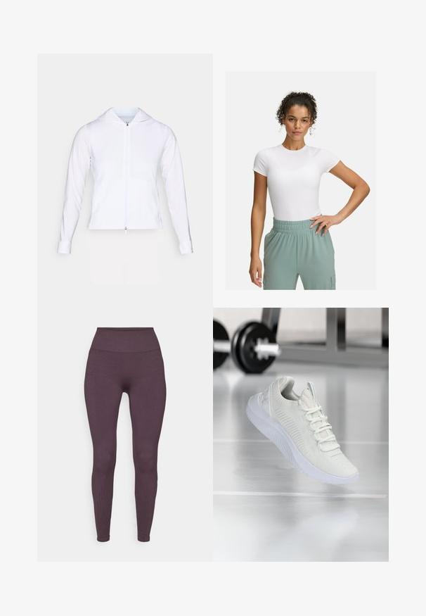 Hvid, letvægts zip-jakke med hætte, lange ærmer og tætsiddende design. Fremstillet af glat, åndbart stof med en strømlinet finish.; Hvid tætsiddende t-shirt med korte ærmer, parret med lys grønne bukser med elastisk talje. Glat tekstur, minimalistisk design og ingen synlige mønstre.; Fabletics SEAMLESS HIGH WAISTED LEGGING - Tights - deep plum; Hvide atletiske sneakers med et tekstureret mesh-overdel og snøresystem, med en polstret hvid sål og subtile ribbede detaljer.