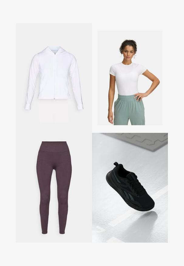 Biała, lekka kurtka zapinana na zamek błyskawiczny z kapturem, długimi rękawami i dopasowanym krojem. Wykonana z gładkiego, oddychającego materiału o eleganckim wykończeniu.; Biała dopasowana koszulka z krótkimi rękawami, w połączeniu z jasnzielonymi spodniami na elastycznym pasie. Gładka tekstura, minimalistyczny design i brak widocznych wzorów.; Fabletics - Rajstopy; Czarne buty sportowe z siateczkowej cholewki, z teksturowanymi akcentami i płaskim kształtem podeszwy. Zawierają tonalne logo oraz uchwyt na pięcie.