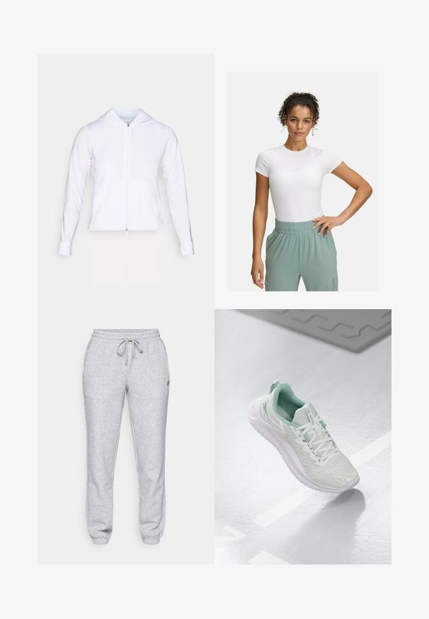Balts, viegls, ar rāvējslēdzēju aizverams apģērbs ar kapuci, garām piedurknēm un pieguļošu dizainu. Izgatavots no gludas, elpojošas auduma ar stilīgu apdari.; Balta pieguļoša T-kreklā ar īsām piedurknēm, kombinēta ar gaiši zaļām elastīgām biksēm. Gluda tekstūra, minimālisma dizains, bez redzamām rakstainām detaļām.; Gaiši pelēkas sporta bikses ar elastīgu jostasvietu un aukliņu, ar saspringtām potītēm un mazu logo kreisajā augšstilbā. Izgatavotas no mīkstas auduma.; Gaišpelēka sporta apava ar teksturētu trikotāžas augšu, mentolzaļiem akcentiem, baltām šņorēm, gumijas zoli un cilpu uz papēža.