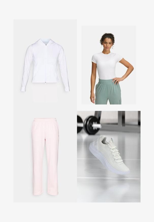 Bela, lahka jakna z zadrgo in kapuco, dolgimi rokavi in prilegajočim dizajnom. Narejena iz gladkega, zračnega materiala s sijajno površino.; Bela prilegajoča majica s kratkimi rokavi, kombinirana z lahkimi hlačami z elastičnim pasom v svetlo zeleni barvi. Gladka tekstura, minimalistična zasnova in brez vidnih vzorcev.; Svetlo roza trenirka iz mehkega materiala, z elastiko v pasu in naravnim krojem. Brez žepov ali vidnih kovinskih detajlov.; Bela športna teniska z mrežastim zgornjim delom z teksturo in sistemom vezalk, ki ima oblazinjen beli podplat in subtilne rebraste detajle.