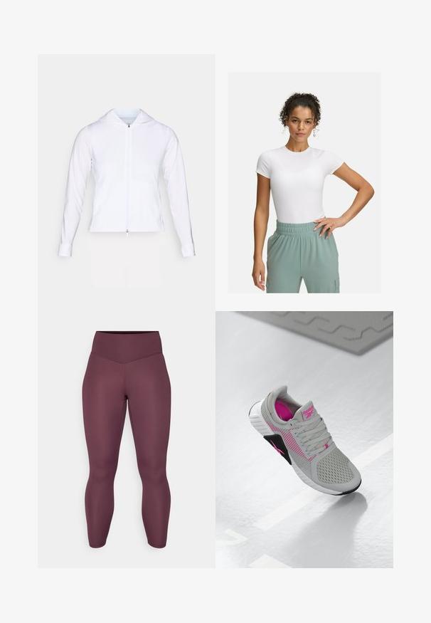 Bílá, lehká bunda na zip s kapucí, dlouhými rukávy a přiléhavým střihem. Vyrobena z hladké, prodyšné tkaniny s elegantním povrchem.; Bílá přiléhavá trička s krátkým rukávem, spárované se světlými zelenými kalhotami s elastickým pasem. Hladká textura, minimalistický design a žádné viditelné vzory.; Vysoké, přiléhavé legíny v bohaté burgundské barvě. Vyrobené z hladkého, elastického materiálu bez viditelných vzorů nebo kovových prvků.; Šedé a růžové sportovní tenisky Reebok s síťovaným svrškem a detailní podrážkou, vystavené na reflexním bílém povrchu.