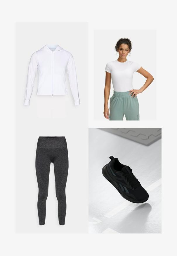 Vit, lättvikts zip-up jacka med huva, långa ärmar och åtsittande design. Tillverkad av ett slätt, andningsbart tyg med en elegant finish.; Vit åtsittande t-shirt med korta ärmar, kombinerad med byxor i ljusgrön med resårmidja. Slät textur, minimalistisk design och inga synliga mönster.; Svarta leggings med en blank, texturerad yta, hög midja och konturerade sömmar för en åtsittande design. Lämpliga för träning.; Svart sportskor med ovandel i mesh, med texturerade detaljer och platt sula. Inkluderar tonad logotyp och en dragflik vid hälen.