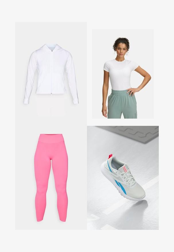 Balta, lengva užtrauktuko striukė su gobtuvu, ilgomis rankovėmis ir prigludusiu dizainu. Pagaminta iš lygaus, kvėpuojančio audinio su glotnia apdaila.; Baltas prigludęs marškinėliai su trumpomis rankovėmis, derinami su šviesiai žaliomis elastingomis kelnėmis. Lygi tekstūra, minimalistinis dizainas, be akivaizdžių raštų.; Rožinės aukšto liemens legginsai, pagaminti iš elastingos medžiagos. Lygus paviršius, prigludęs dizainas, iki kulkšnies ilgio, be matomų raštų ar detalių.; Balti ir mėlyni Reebok sportbačiai su raudonu kilimėliu, pakabinti virš blizgaus grindų paviršiaus greta pilkos gumos kilimėlio.