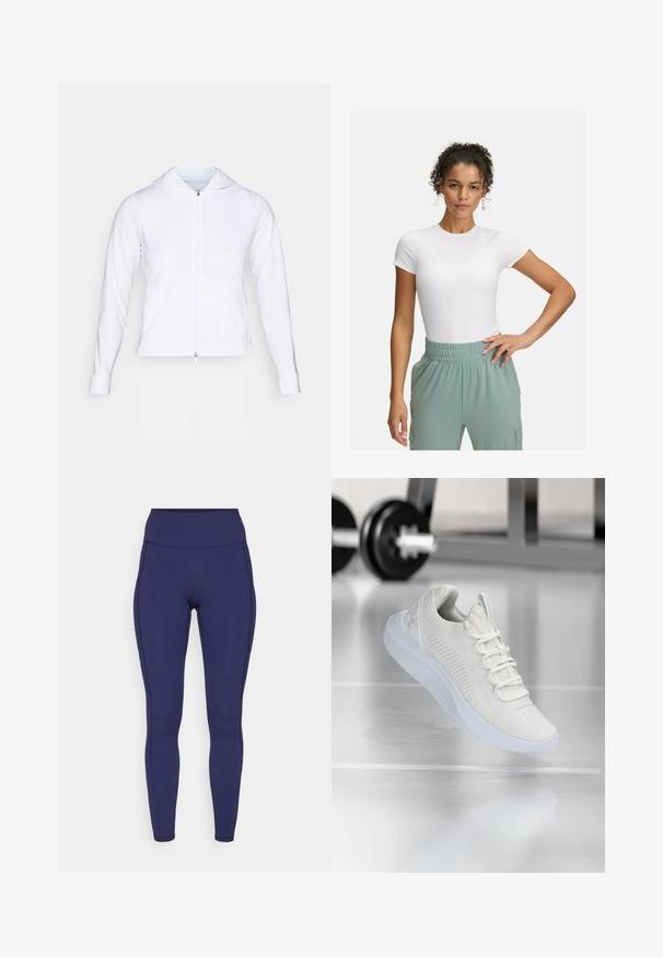 Valge, kerge pehmest materjalist tõmblukuga jakk, millel on kapuuts, pikad varrukad ja jõudnud disain. Valmistatud siledast, hingavast kangast, mis omab sujuvat viimistlust.; Valge lühikeste varrukatega T-särk, millel on sobiv lõige, kombineeritud helesiniste elastsete vöökohtpükstega. Sile tekstuur, minimalistlik disain ja nähtavaid mustreid pole.; Tumed kõrge vöökohtadega retuusid, mis on valmistatud venivast kangast. Omab lamedaid õmblusi ja tihedat istuvust, lisaks on külgedel kaks taskut hoiustamiseks.; Valge sportlik tennis, millel on tekstureeritud võrkkangas ülemine osa ja nööbilukusüsteem, millel on pehme valge tall ning delikaatsed ribalised aksendid.