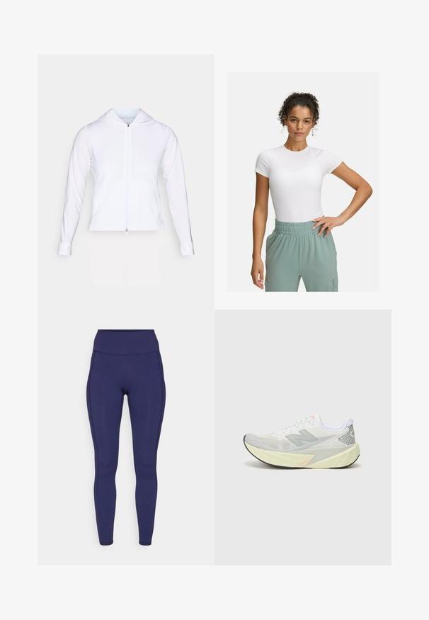 Witte, lichtgewicht ritsjack met capuchon, lange mouwen en een aangesloten ontwerp. Gemaakt van gladde, ademende stof met een elegante afwerking.; Witte fitted t-shirt met korte mouwen, gecombineerd met lichtgroene broek met elastische tailleband. Gladde textuur, minimalistisch ontwerp en geen zichtbare patronen.; Maritime hoge taille leggings gemaakt van rekbaar materiaal. Heeft platte naden en een strakke pasvorm, met twee zijzakken voor opslag.; Lichte hardloopschoen met een grijs en wit mesh bovenwerk, een opvallend 'N' logo en een gele tussenzool met schuine accenten. Zwarte buitenzool.