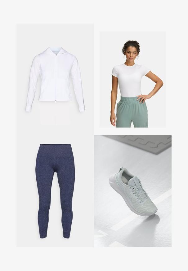 Veste blanche légère à fermeture éclair avec capuche, manches longues et coupe ajustée. Fabriquée en tissu lisse et respirant avec une finition élégante.; T-shirt blanc ajusté à manches courtes, associé à un pantalon à taille élastique vert clair. Texture lisse, design minimaliste et sans motifs visibles.; Leggings bleu marine avec une finition texturée et scintillante. Dotés d'une taille haute et de coutures de contour pour une silhouette ajustée.; Chaussure de sport gris clair avec un dessus en maille texturée, un design à lacets, une semelle rembourrée et un minimum de détails de marque.