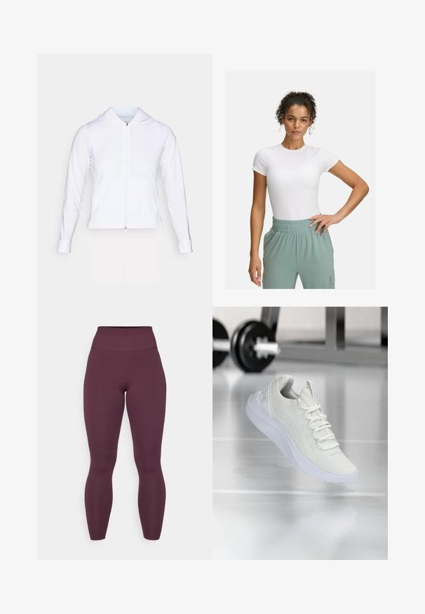 Balta, lengva užtrauktuko striukė su gobtuvu, ilgomis rankovėmis ir prigludusiu dizainu. Pagaminta iš lygaus, kvėpuojančio audinio su glotnia apdaila.; Baltas prigludęs marškinėliai su trumpomis rankovėmis, derinami su šviesiai žaliomis elastingomis kelnėmis. Lygi tekstūra, minimalistinis dizainas, be akivaizdžių raštų.; Vyno raudoni didelio liemens legginiai su lygiu, tampriu audiniu. Pilno ilgio dizainas, be siūlių juostos srityje, be matomų priedų ar raštų.; Balti sportiniai batai su tekstūruota tinklelio viršutine dalimi ir raištelių sistema, turintys paminkštintą baltą pado ir subtilius įdubimus.