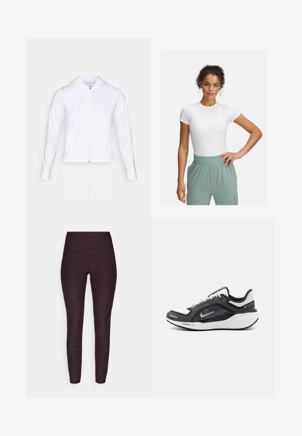 Balta, lengva užtrauktuko striukė su gobtuvu, ilgomis rankovėmis ir prigludusiu dizainu. Pagaminta iš lygaus, kvėpuojančio audinio su glotnia apdaila.; Baltas prigludęs marškinėliai su trumpomis rankovėmis, derinami su šviesiai žaliomis elastingomis kelnėmis. Lygi tekstūra, minimalistinis dizainas, be akivaizdžių raštų.; Tamsiai purpurinės heather audinio leggingai su aukštu juosmeniu ir prigludusiu dizainu, pasižymintys lygiu, tampriu tekstūru.; Nike sportbačiai su juodai balta spalvų schemomis, tinklelio viršutinė dalis ir sidabriniai akcentai. Guma padas su "Air Zoom" ženklu, tekstūruotas geresniam sukibimui.