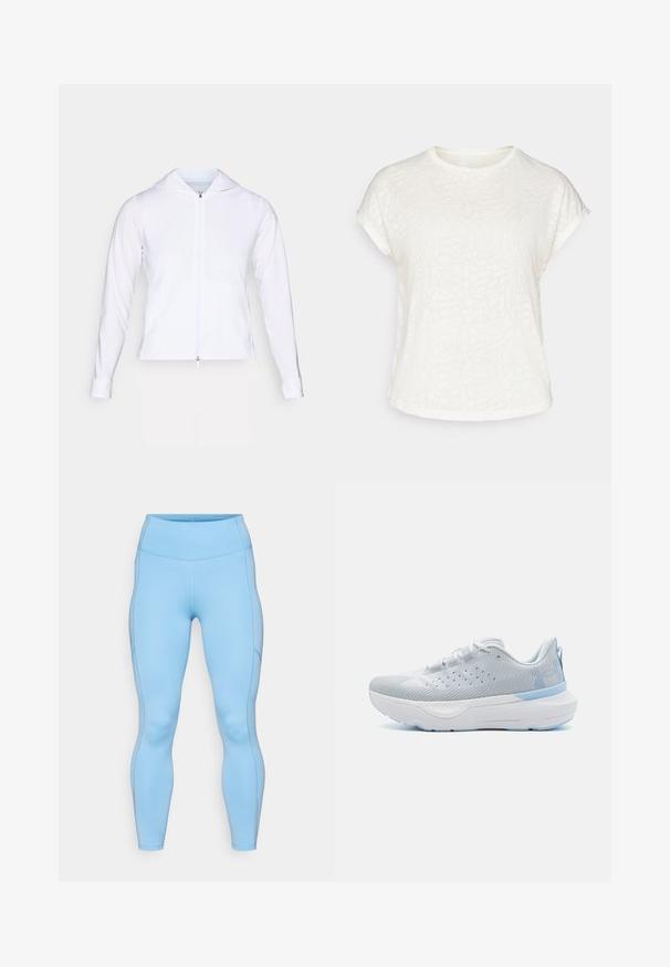 Witte, lichtgewicht ritsjack met capuchon, lange mouwen en een aangesloten ontwerp. Gemaakt van gladde, ademende stof met een elegante afwerking.; Witte t-shirt met korte mouwen, voorzien van een textuur met bloemenpatroon, ronde halslijn en een ontspannen pasvorm. Gemaakt van zachte, lichte stof.; Lichtblauwe leggings van rekbaar materiaal. Beschikt over een hoge tailleband, een soepele textuur en gebogen naden langs de benen.; Under Armour INFINITE PRO - Hardloopschoenen voor op de weg - distant gray/halo gray/nimbus blue