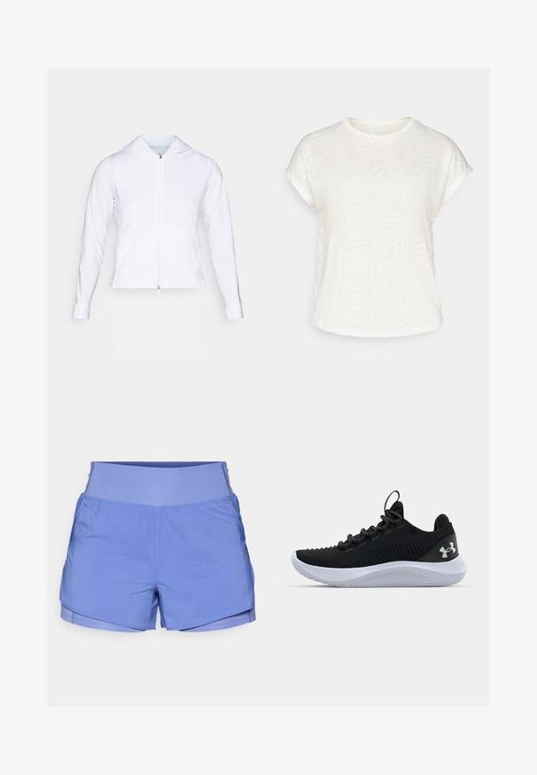 Valkoinen, kevyt, vetoketjullinen takki hupulla, pitkät hihat ja tiukka muotoilu. Valmistettu sileästä, hengittävästä kankaasta, jossa on tyylikäs viimeistely.; Valkoinen lyhythihainen t-paita, jossa on tekstuuriinen kukkakuosi, pyöreä pääntie ja rento malli. Valmistettu pehmeästä, kevyestä kankaasta.; Vaaleansiniset urheilushortsit, joissa on leveä vyötärönauha, valmistettu sileästä kankaasta. Shortseissa on kerrokselliset helmat ja hieman pussitusta sivuilla.; Mustat urheilukengät, joissa on hengittävä verkkomateriaali, tekstuuriset yksityiskohdat ja valkoinen kumipohja. Varustettu litteillä nauhoilla ja kantapään vetotarralla.