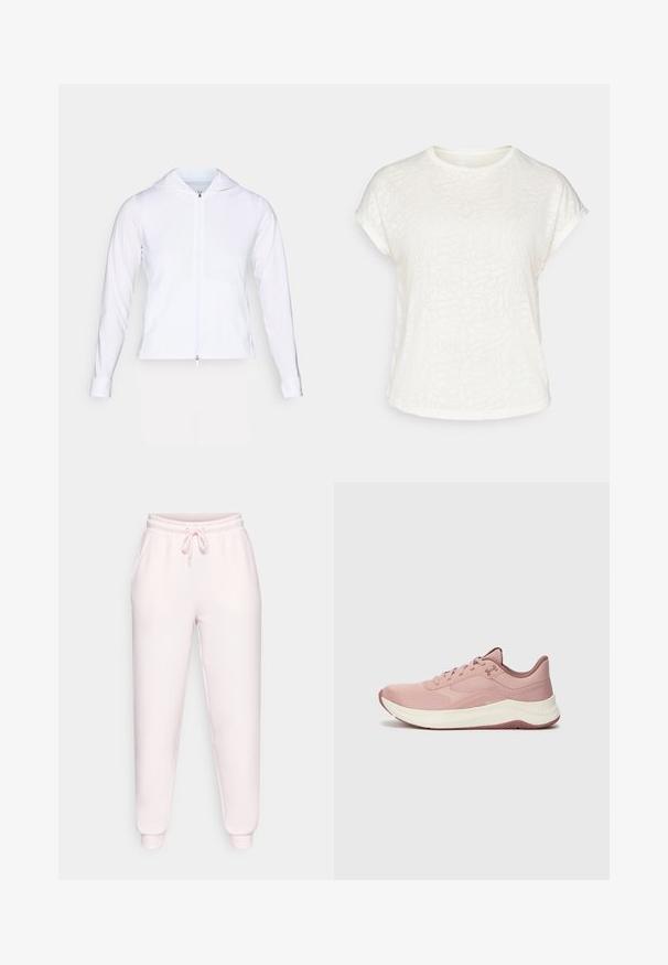 Witte, lichtgewicht ritsjack met capuchon, lange mouwen en een aangesloten ontwerp. Gemaakt van gladde, ademende stof met een elegante afwerking.; Witte t-shirt met korte mouwen, voorzien van een textuur met bloemenpatroon, ronde halslijn en een ontspannen pasvorm. Gemaakt van zachte, lichte stof.; Lichtroze sweatpants van zacht materiaal, met een elastische tailleband en een trekkoord, zijzakken en omgeslagen enkels.; Lichtroze sportschoen met een bovenkant van mesh, een gevoerde kraag en een witte middenzool. Heeft textuurpatronen en een rubberen zool met grip.