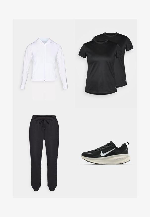 Bela, lahka jakna z zadrgo in kapuco, dolgimi rokavi in prilegajočim dizajnom. Narejena iz gladkega, zračnega materiala s sijajno površino.; Črne majice s kratkimi rokavi iz gladkega, zračnega materiala z okroglo izrezom. Prikazani dve majici, obe z diskretno podrobnostjo logotipa.; Črne trenirke iz mehkega materiala, z elastičnim pasom in vezalko, stranskimi žepi ter elastičnimi manšetami pri gležnjih.; Črne Nike tekaške čevlje z zračno mrežno zgornjim delom, belim logotipom Swoosh, teksturiranimi detajli in smetanasto barvnim srednjim delom ZoomX.