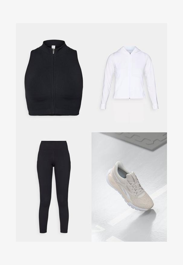 Biała, lekka kurtka zapinana na zamek błyskawiczny z kapturem, długimi rękawami i dopasowanym krojem. Wykonana z gładkiego, oddychającego materiału o eleganckim wykończeniu.; Czarny sportowy top crop z wysokim kołnierzem i zapięciem na zamek z przodu. Wykonany z elastycznego materiału o gładkiej teksturze i minimalnych szwach.; Czarne legginsy z wysokim stanem wykonane z elastycznego materiału, charakteryzujące się gładką teksturą i dopasowanym krojem, sięgającym do kostek.; Jasno beżowy but sportowy z perforowanym cholewką, teksturowanymi akcentami, wyściełanym kołnierzem i białą gumową podeszwą, zaprojektowany z myślą o komforcie i wentylacji.