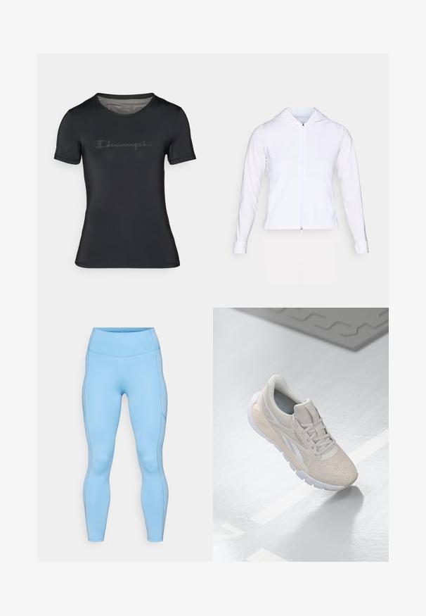 Valge, kerge pehmest materjalist tõmblukuga jakk, millel on kapuuts, pikad varrukad ja jõudnud disain. Valmistatud siledast, hingavast kangast, mis omab sujuvat viimistlust.; Must värvitud sportlik t-särk, mis on valmistatud siledast ja kergest kangast. Omab ümmargust kaelust ja lühikesi varrukaid, esiküljel on diskreetne tume "Champion" logo.; Heledad sinised leggingid, mis on valmistatud venivast kangast. Omavad kõrget vööd, siledat tekstuuri ja kaarjad õmblused piki jalgu.; Heledad beež spordijalanõud perforatsiooni, tekstuursete aktsentide, pehmendatud krae ja valge kummitaldiga, disainitud mugavuse ja hingavuse tagamiseks.