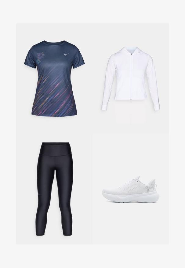 Hvit, lett zip-jakke med hette, lange ermer og figursydde detaljer. Laget av glatt, pustende stoff med en elegant overflate.; Marineblå treningst-skjorte laget av glatt, pustende stoff. Har dynamiske, fargerike diagonale linjer og et lite fyrverkeri-grafikk på venstre side.; Svarte leggings laget av glatt, elastisk stoff. Høyt liv med tettsittende passform og en liten logo på venstre ben.; Hvite sporty sko med overdel i teksturert mesh, snøring, polstret krage og komfortabel hvit såle. Har en subtil logo på siden.