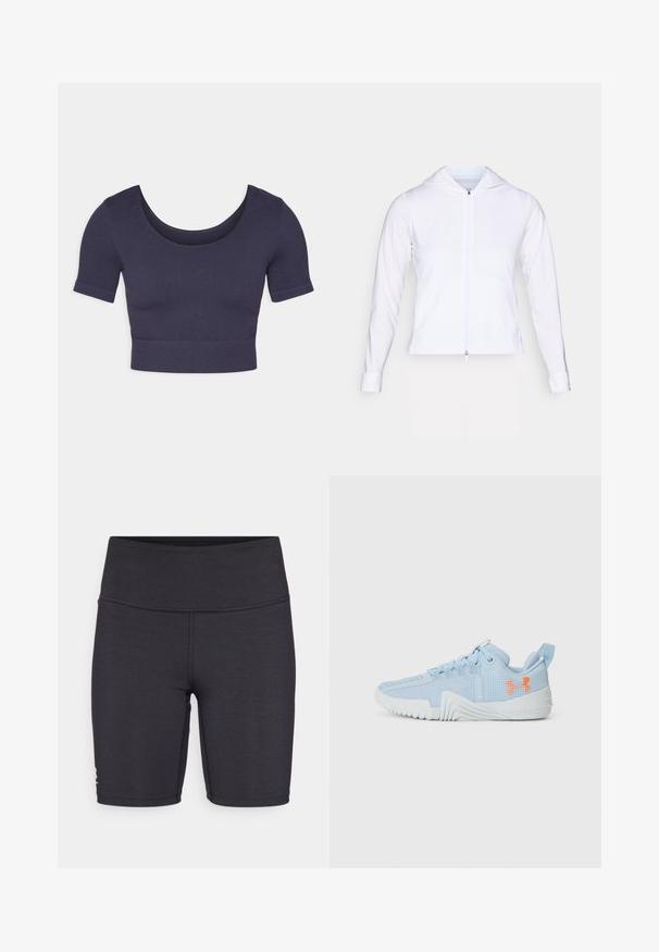 Valge, kerge pehmest materjalist tõmblukuga jakk, millel on kapuuts, pikad varrukad ja jõudnud disain. Valmistatud siledast, hingavast kangast, mis omab sujuvat viimistlust.; Tumesine lühikeste varrukatega lõhikud, valmistatud soonikust kangast. Omab ümarat kaelust ja keha lähedast lõiget.; Mustad must edasi sportlikud lühikesed püksid venivast kangast, millel on kõrge vöökoht ja lameõmblusega detailid. Kavandatud mugavuseks ja liikumisvabaduseks.; Heled sinine spordijalanõud, mis on valmistatud võrgumaterjalist, millel on tekstuuriga talla, esitades oranži logo ja paeltega disaini.