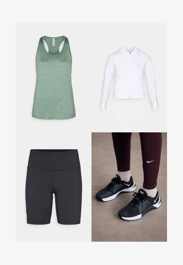 Valge, kerge pehmest materjalist tõmblukuga jakk, millel on kapuuts, pikad varrukad ja jõudnud disain. Valmistatud siledast, hingavast kangast, mis omab sujuvat viimistlust.; ONLY Play ONPCORE LIFE ON  - Topp - duck green; Mustad must edasi sportlikud lühikesed püksid venivast kangast, millel on kõrge vöökoht ja lameõmblusega detailid. Kavandatud mugavuseks ja liikumisvabaduseks.; Mustad mustat spordijalatsid tekstuurse pealse ja valgete aktsentidega, koos paelte ja külglogoga. Kanda tumepruunide leggingsidega ja heledate sokkidega.