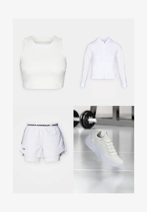White, lightweight zip-up jacket with a hood, long sleeves, and fitted design. Made from smooth, breathable fabric with a sleek finish.; White sleeveless crop top made of smooth fabric, featuring a round neckline and an open back design, with neat stitching along the edges.; White athletic shorts with black Under Armour logo on waistband. Features a layered design with an inner lining and side slits for mobility.; White athletic sneaker with a textured mesh upper and lacing system, featuring a cushioned white sole and subtle ribbed accents.