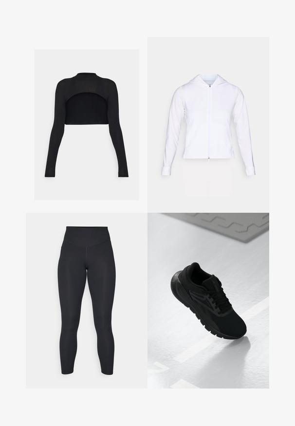 Balta, lengva užtrauktuko striukė su gobtuvu, ilgomis rankovėmis ir prigludusiu dizainu. Pagaminta iš lygaus, kvėpuojančio audinio su glotnia apdaila.; Juodas raištinis trumpas viršus su ilgomis rankovėmis, aukštu kaklu ir atvira nugaros dizainu. Lygus tekstūra su prigludusia siluetu.; Juodos leggingai su aukštu liemeniu, lygaus paviršiaus ir prigludusia forma. turi plokščias siūles ir pilną ilgį be raštų.; Juodas sportinis batelis su tinkleliu viršuje, apvaliu nosiu, paminkštintu padu ir tekstūruotais akcentais, padėtas ant lygios baltos paviršiaus.