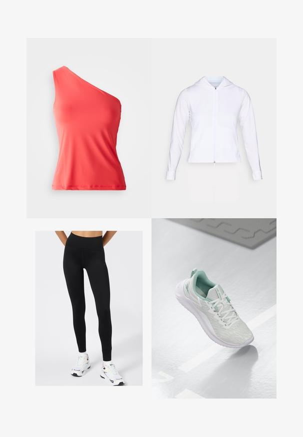 Giacca leggera bianca con zip e cappuccio, maniche lunghe e design aderente. Realizzata in tessuto liscio e traspirante con una finitura elegante.; Top in corallo asimmetrico realizzato in tessuto liscio e elasticizzato, caratterizzato da una sola spallina e una silhouette aderente.; Leggings neri a vita alta realizzati in tessuto elasticizzato, con una texture liscia e un sottile dettaglio del logo, abbinati a scarpe da tennis bianche.; Scarpa sportiva grigio chiaro con tomaia in maglia testurizzata, dettagli verde menta, lacci bianchi, suola in gomma e linguetta sul tallone.