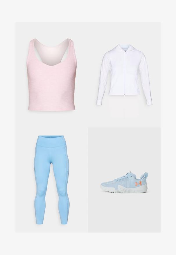 Jachetă albă, ușoară, cu fermoar și glugă, cu mâneci lungi și design ajustat. Confeționată dintr-un material neted, respirabil, cu un finisaj elegant.; Top scurt fără mâneci, de culoare roz deschis, realizat dintr-un material moale, cu decolteu în V și un design de tip racerback, având o textură netedă.; Leggings de culoare albastru deschis, realizate dintr-un material elastic. Prezintă un talie înaltă, o textură netedă și cusături curbe pe lângă picioare.; Gheată sport de culoare albastru deschis, fabricată din material din plasă, cu o talpă texturată, având un logo portocaliu și un design cu șireturi.