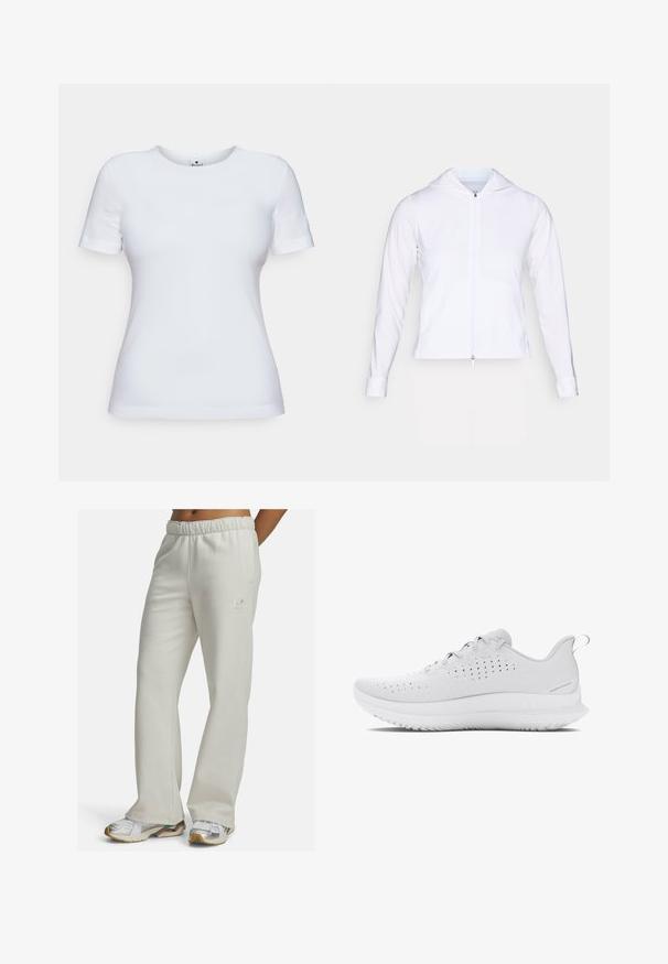 Bílá, lehká bunda na zip s kapucí, dlouhými rukávy a přiléhavým střihem. Vyrobena z hladké, prodyšné tkaniny s elegantním povrchem.; Bílý krátký rukáv bavlněného trička, se zaobleným výstřihem a slim fit střihem. Žádné vzory ani akcenty nejsou viditelné.; Světlé šedé tepláky vyrobené z měkké látky. Mají elastický pas a malé logo na levém stehně. Design rozšířeného nohavice.; Světlé šedé sportovní boty s texturovaným svrškem, perforacemi pro prodyšnost a gumovou podrážkou s výrazným vzorem.