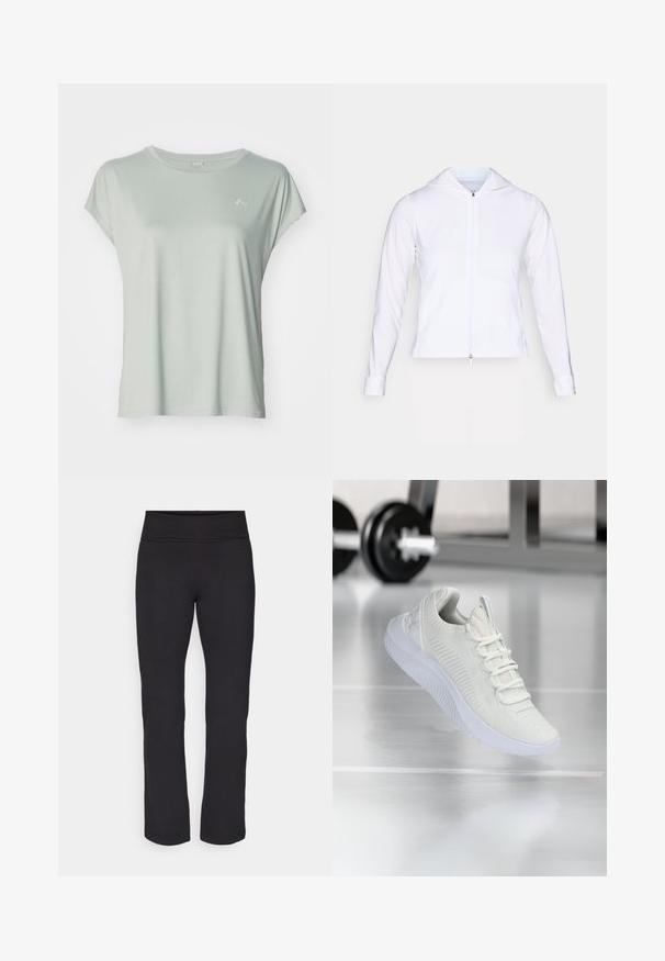 Balts, viegls, ar rāvējslēdzēju aizverams apģērbs ar kapuci, garām piedurknēm un pieguļošu dizainu. Izgatavots no gludas, elpojošas auduma ar stilīgu apdari.; ONLY Play ONPAUBREE LIFE ON BAT LOOSE - Sporta krekli - aqua gray; Melnas leggingas ar gludu, elastīgu audumu un plašu vidukļa joslu. Tiem ir taisnas, pilna garuma kājas un nav redzamu rakstu vai akcentu.; Baltas sporta apavi ar teksturētu sietu augšdaļu un sasiešanas sistēmu, ar mīkstu baltu zoli un smalkiem ribotiem akcentiem.