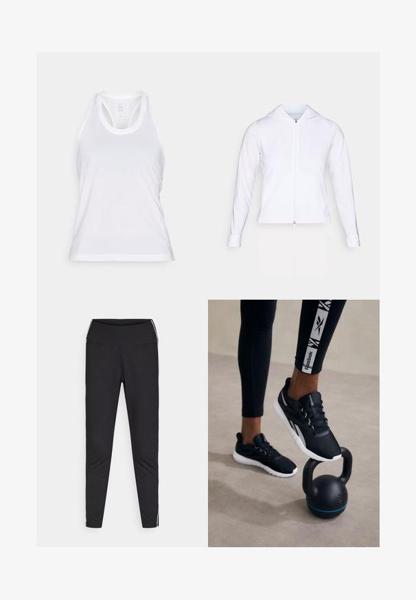 Giacca leggera bianca con zip e cappuccio, maniche lunghe e design aderente. Realizzata in tessuto liscio e traspirante con una finitura elegante.; Canotta sportiva bianca realizzata in tessuto traspirante, con scollatura arrotondata e design con schiena a corsetto, caratterizzata da cuciture texturizzate all'orlo.; Leggings neri realizzati in tessuto elasticizzato. Vita alta, fitting affusolato, con strisce bianche lungo le cuciture esterne. Texture liscia.; Scarpe sportive nere con una parte superiore testurizzata, suola bianca e dettagli grigi, posizionate su un kettlebell nero con una striscia blu, su uno sfondo neutro.