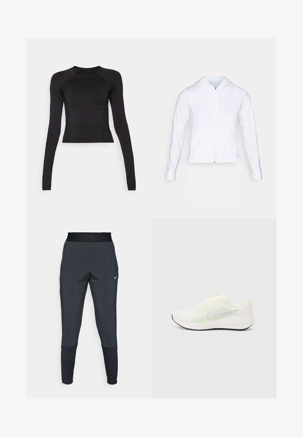 Bela, lahka jakna z zadrgo in kapuco, dolgimi rokavi in prilegajočim dizajnom. Narejena iz gladkega, zračnega materiala s sijajno površino.; Črn dolg rokav prerezan zgornji del, izdelan iz raztegljive tkanine, z okroglim izrezom in raglan rokavi z diskretnimi šivi.; Nike športne hlače v temno sivi barvi, s taperiranim krojem, elastičnim pasom in dodatnimi detajli blizu manšet.; Nike Performance DOWNSHIFTER 13 - Tekaški copati za cesto - sail/silver-coloured photon dust/summit white/barely volt/black